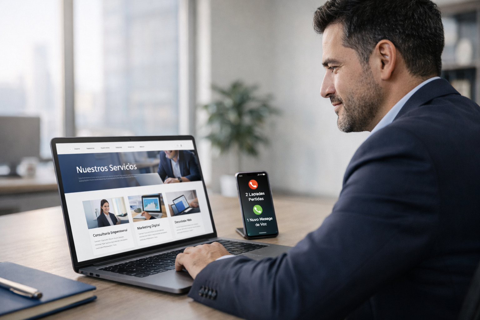 Emprendedor viendo su página web en laptop